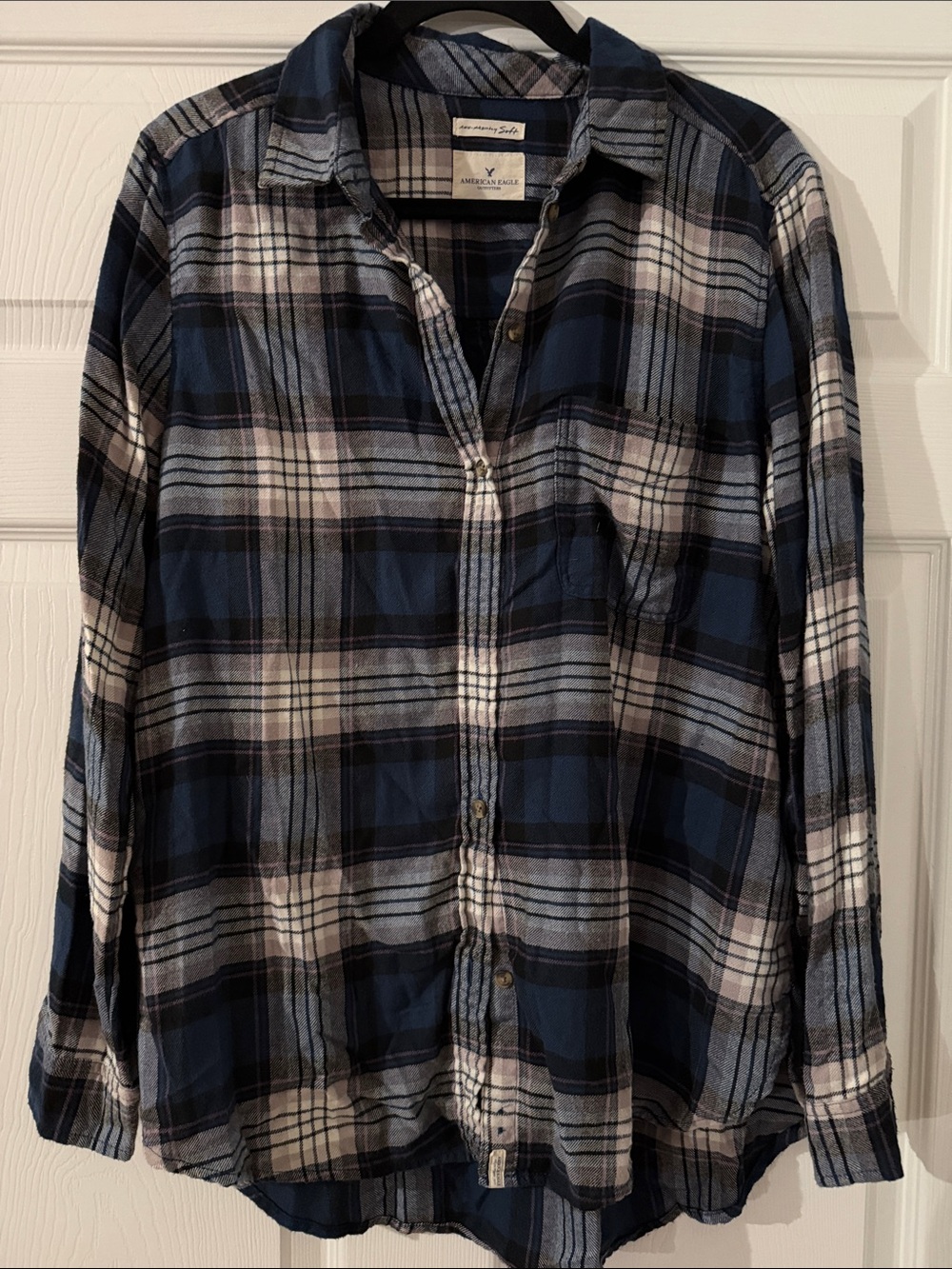 American Eagle Outfitters Navy and White Plaid Button-Down Shirt